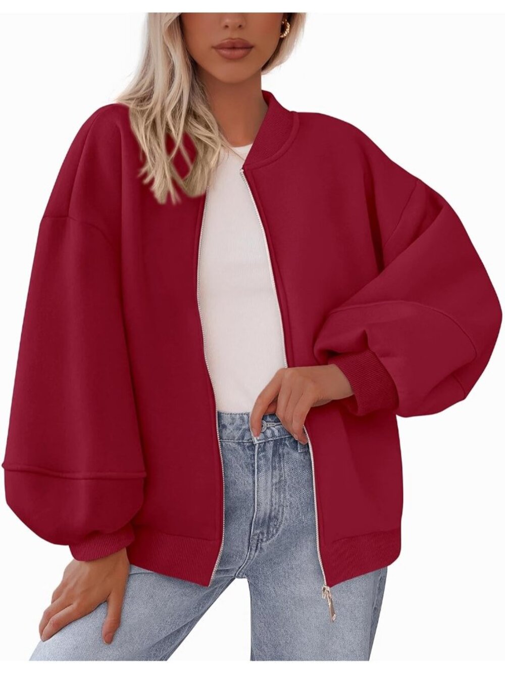 Women’s Red Oversized Zip Up Sweatshirt With Pockets Casual Bomber Jacket
